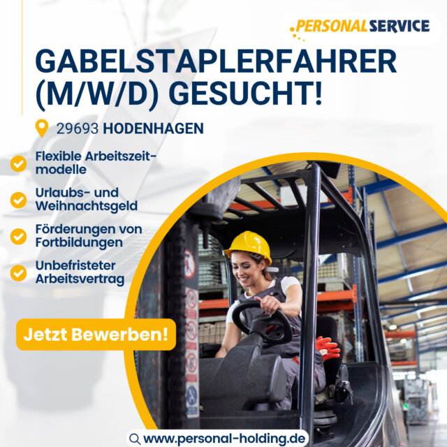 ⁠Du kennst das Gefühl, wenn alles läuft, weil du konzentriert und sicher fährst? ⁠
⁠
Gute Gabelstaplerfahrer sorgen jeden Tag dafür, dass Abläufe rund laufen. Genau solche Menschen brauchen wir! 😎⁠
⁠
In 29693 Hodenhagen suchen wir Gabelstaplerfahrer (m/w/d). ⁠
⁠
Aufgaben:⁠
⁠
✅Kommissionierung von Doppelstabmatten nach Vorgabe⁠
✅Be- und Entladen von LKW⁠
✅Ein- und Auslagerung mit Gabelstapler⁠
⁠
Dein Profil:⁠
⁠
➡️Im Besitz eines Gabelstaplerscheins wäre wünschenswert⁠
➡️Erfahrung im Umgang mit Gabelstaplern⁠
⁠
Wenn du Bock auf Stabilität, klare Wege und ein Team hast, das zusammenhält, dann komm gern auf uns zu. 📞⁠
⁠
Wir freuen uns auf dich! 😉⁠
⁠
👉 Jetzt bewerben: www.personal-holding.de⁠
⁠
#team#business#hr#teampsh#psh#interview#worklife#careergoals#jobs#work#office#hiring#TeamPSH#Karriere#Chancen#ServiceJob#Quereinstieg#Suche#wirsuchendich#PSHPersonalService#Staplerfahrer#Gabelstaplerfahrer#TEAMPshrockt
