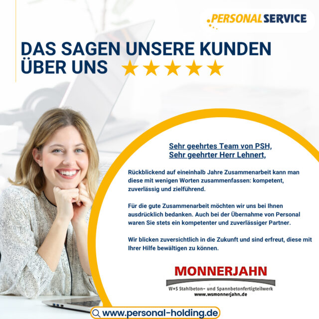 ⭐ Das sagen unsere Kunden über uns ⭐
Kompetent, zuverlässig und zielführend – so beschreibt unser Kunde Monnerjahn die Zusammenarbeit mit PSH.
Wir bedanken uns herzlich für das Vertrauen und freuen uns auf viele weitere gemeinsame Projekte! 💼✨
👉 Erfahre mehr über uns: www.personal-holding.de
#PSH#Kundenstimme#Vertrauen#Erfolg#TeamPSH#Personalservice