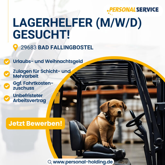 🐕️ Dieser kleine Vierbeiner sitzt zwar gerne Probe, aber für unsere offenen Stellen als Lagerhelfer (m/w/d) suchen wir Menschen mit Übersicht, Teamgeist und Zuverlässigkeit. 👨🏻‍🏭⁠
⁠
✅Allgemeine Lagertätigkeiten (Palettieren, Konfektionieren, Schrumpfen, etc.)⁠
✅Warenprüfung⁠
✅Inventurunterstützung⁠
⁠
Dein Profil:⁠
➡️Berufserfahrung in der Logistik wünschenswert, aber nicht erforderlich⁠
➡️Deutschkenntnisse⁠
➡️Bereitschaft zur Schichtarbeit (2-Schicht-System)⁠
⁠
Wenn du Lust auf eine sichere Zukunft, klare Strukturen und ein starkes Team hast, dann melde dich bei uns. 📞⁠
⁠
Wir freuen uns auf dich! 😉⁠
⁠
👉 Jetzt bewerben: www.personal-holding.de⁠
⁠
⁠
#team#business#hr#teampsh#psh#interview#worklife#careergoals#jobs#work#office#hiring#TeamPSH#Karriere#Chancen#ServiceJob#Quereinstieg#Suche#wirsuchendich#PSHPersonalService#Lagerhelfer#Lagermitarbeiter