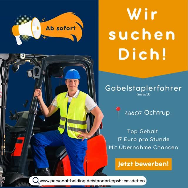 📢 Wir suchen Dich – ab sofort!⁠
📍 Ochtrup (48607)⁠
⁠
🚜 Gabelstaplerfahrer (m/w/d)⁠
⁠
🕐 Früh- & Spätschicht⁠
⁠
💰 17,00 € / Std.⁠
⁠
🔁 Mit Übernahmechancen⁠
➡️ Jetzt melden: 0151 – 640 627 46⁠
⁠
🔎 Mehr Jobs findest Du hier:⁠
https://personal-holding.de/standorte/psh-emsdetten/?tms-page=3⁠
⁠
#Gabelstaplerfahrer#Staplerfahrer#JobOchtrup#Ochtrup#NRW#Münsterland#Jobsuche#Stellenangebot#JetztBewerben#Schichtarbeit#Lagerlogistik#Logistikjobs#PSHPersonal#Personalservice#JobMitZukunft#TopGehalt#AbSofort#WorkLife#NeuenJob