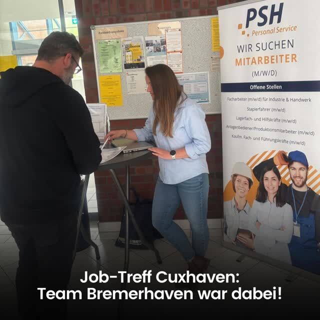 🌬️ Karrierewind im Norden: Rückblick & Ausblick! 🚀⁠
⁠
Die Windkraftbranche boomt – und wir haben die passenden Jobs dazu! Heute war unsere Standortleiterin Meike Spinck für euch beim „Job-Treff“ in Cuxhaven vor Ort, um die tollen Einstiegsmöglichkeiten unserer Kunden in der Region vorzustellen. 🏗️💼⁠
⁠
Für alle aus der Region Bremerhaven haben wir direkt die nächste Top-Gelegenheit zum Networking:⁠
⁠
📅 Nächster Halt: Kommenden Dienstag beim „Job-Café“ in Bremerhaven!⁠
⏰️Von 9:00 - 12:00 Uhr, kommt gerne vorbei. 💛⁠
⁠
Nutze die Chance, dich direkt vor Ort bei uns zu informieren und deine Bewerbung auf das nächste Level zu bringen. Du hast Fragen vorab? Schreib uns einfach eine Nachricht oder melde dich direkt in unserer Niederlassung! 📲⁠
⁠
#windenergie#windkraftjobs#karrierenetzwerk#bremerhavenjobs#cuxhavenjobs#personalvermittlung#zeitarbeit#karrieremesse#zukunftgestalten#jobsmitzukunft#jobsuchende#bewerbermesse#TeamPSH#personalservice⁠
⁠