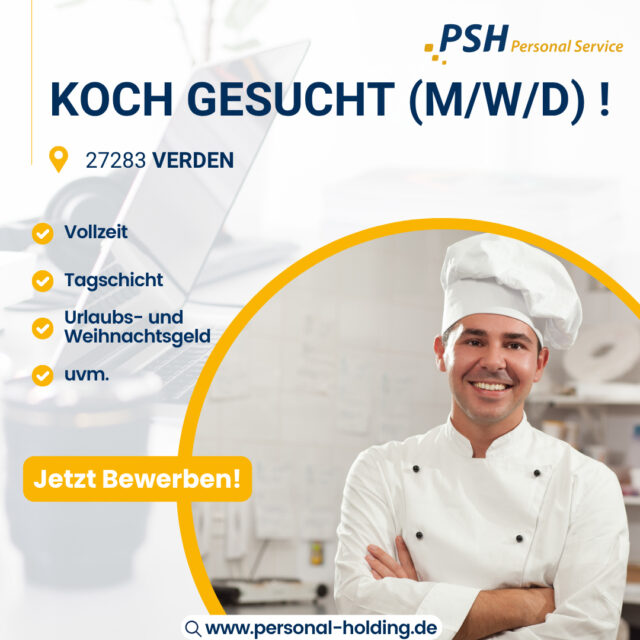 🧑🏻🍳Koch (m/w/d) für Werkskantine in internationalem Unternehmen gesucht!
Willkommen bei Personal Service PSH, wo Deine Erfahrung zählt und Deine Zukunft beginnt! Bist Du bereit, Deine Karriere auf die nächste Stufe zu heben?🪜
Bei uns findest Du die perfekte Mischung aus Herausforderung und Unterstützung. Entfalte Dein volles Potenzial in einem Umfeld, das Deine Entwicklung fördert und feiert. Tritt unserem Team bei und lass uns gemeinsam Erfolgsgeschichten schreiben! 🥳
Aktuell suchen wir einen Koch 🧑🏻🍳 (m/w/d) in Vollzeit in Tagschicht.
Deine Aufgaben:
✅ Zubereitung und Ausgabe von Mahlzeiten
✅ Menüplangestaltung mit eigenen Ideen und Rezepten
✅ Einhaltung von Hygiene- und Qualitätsstandards
✅ Mitwirkung bei der Organisation in der Küche 
✅ Freundlicher Kontakt mit den Gästen
Dein Profil:
➡️Abgeschlossene Ausbildung als Koch (m/w/d) oder mehrjährige Berufserfahrung
➡️Freude am Kochen und im Umgang mit Lebensmittel
➡️Teamfähigkeit, Zuverlässigkeit und Belastbarkeit
➡️Selbstständiges und sorgfältiges Arbeiten
💡 Wichtig:
Deine Bewerbung erfolgt anonymisiert über unseren Auftraggeber.
So bleibt der Bewerbungsprozess diskret, sicher und unkompliziert.
👉 Bewirb dich jetzt und werde Teil eines motivierten Teams!
▶️ Mehr Informationen & Bewerbung unter: www.personal-holding.de
#PSH#Koch#PSHPersonalService#KarriereStart#Jobvermittlung#ServiceJob#Quereinstieg#ZeitarbeitmitZukunft#JetztBewerben#Karrierechancen