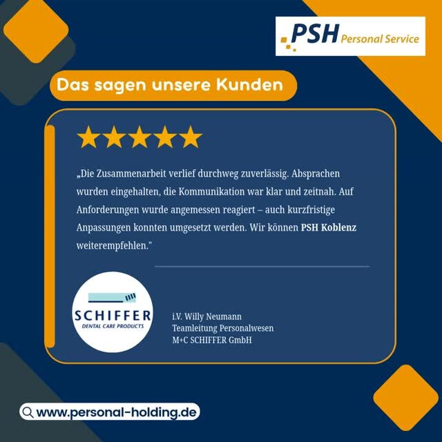 Das sagen unsere Kunden!⁠
⁠
Wir freuen uns über dieses tolle Feedback für unseren Standort Koblenz! 🙌⁠
⁠
Zuverlässigkeit, klare Kommunikation und schnelle Reaktion dafür steht PSH. Personal Service nicht nur in Koblenz, sondern an allen unseren Standorten.⁠
⁠
Vielen Dank an i.V. Willy Neumann und das Team der M+C Schiffer GmbH für das wertvolle Feedback! 🙏⁠
⁠
🌐 https://personal-holding.de/standorte/psh-koblenz/⁠
⁠
#PSHPersonalService#Koblenz#Kundenstimme#Personaldienstleistung#Empfehlung
