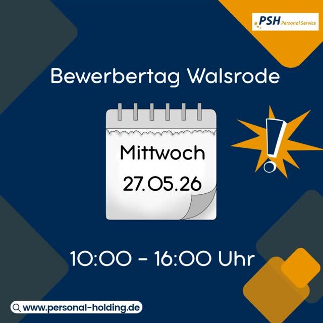 🗓️ Dein nächster Karriereschritt wartet auf dich in Walsrode!⁠
⁠
Du bist auf Jobsuche oder möchtest dich beruflich verändern? Dann sichere dir für morgen noch einen Termin! 🚀⁠
⁠
In Kooperation mit der Arbeitsagentur Walsrode veranstalten wir einen exklusiven Bewerbertag. Das Beste daran: Ayse (aus Nienburg) und Daria (aus Verden) sind von 10:00 bis 16:00 Uhr persönlich vor Ort in der Bundesagentur, um direkt mit dir unverbindliche Gespräche zu führen! 🤝💼⁠
⁠
Egal, ob du dich direkt bewerben oder einfach nur über unsere aktuellen Jobangebote informieren möchtest, wir sind für dich da.⁠
⁠
🎯 Sichere dir jetzt deinen Wunschtermin: Du kannst dir ganz einfach online einen Timeslot buchen. ⁠
⁠
🔗 Den Link zur Terminbuchung findest du ab sofort direkt oben in unserer Bio oder hier! 👉️ https://eveeno.com/psh-walsrode⁠
⁠
Nutze die Chance und lass uns gemeinsam deine berufliche Zukunft planen. Wir freuen uns auf dich! 👋⁠
⁠
#bewerbertag#walsrode#verden#nienburg#jobsuche#arbeitsagentur#karrierechance#neuerjob#personaldienstleistung#jobsuche2026#durchstarten#personalservice#TeamPSH⁠