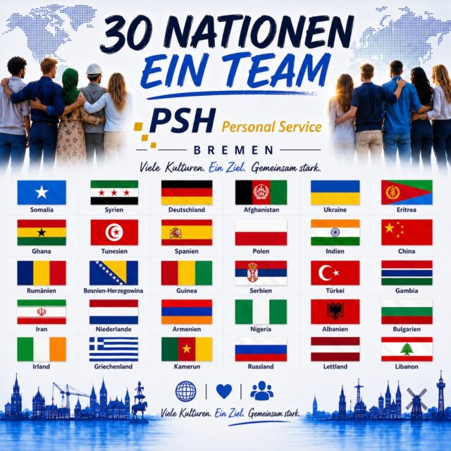 Bunt, stark, unschlagbar, dann ist das PSH Bremen! 🌟⁠
⁠
Auf unserem Bild siehst du es auf einen Blick: 30 Nationen, ein Team! 🌍⁠
⁠
Wir leben Vielfalt nicht nur, wir feiern sie. Denn unterschiedliche Kulturen bedeuten unterschiedliche Perspektiven – und genau das bringt uns gemeinsam ans Ziel. 🚀⁠
⁠
Egal woher wir kommen, wir halten zusammen! 🤝⁠
⁠
#PSH#PersonalService#Teamwork#Bremen#InternationalTeam#EinTeam#ZusammenSchaffenWirDas#StarkesTeam
