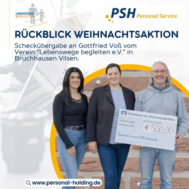 Gemeinsam mehr bewegen. 💛⁠
⁠
Letzte Woche durften wir (Ravien und Daria aus Verden) eine Spende ⁠
An „Lebenswege begleiten e.V.“ übergeben. 🤝⁠
⁠
Es sind genau diese Momente, die zeigen, wie wichtig Unterstützung und Zusammenhalt sind. ✨️⁠
⁠
Wir freuen uns, einen Beitrag leisten zu können. 💛⁠
⁠
#weihnachtsaktion#scheckübergabe#lebenswegebegleiten#bruchhausenvilsen#psh#zusammenhalt#personalholding#unterstützung#teampshverden